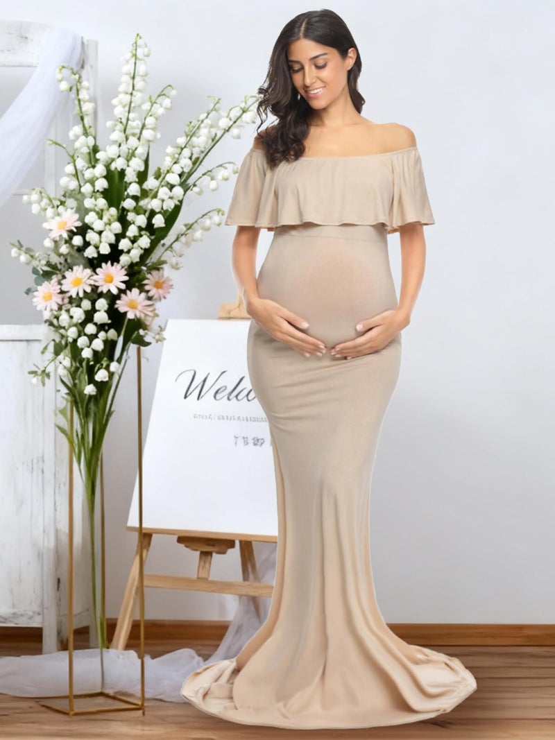 Glampunch Womens Off Shoulder Maternity Dress Ruffles Elegant Slim Gowns Fit Maxi Photography Dress Beige - Image 2